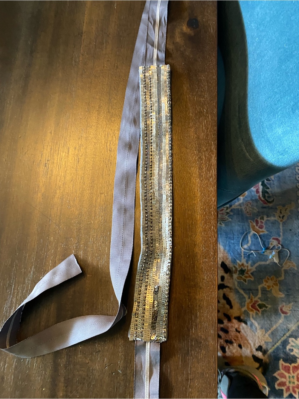 Sequin Ribbon Tie Belt in Gray and Silver